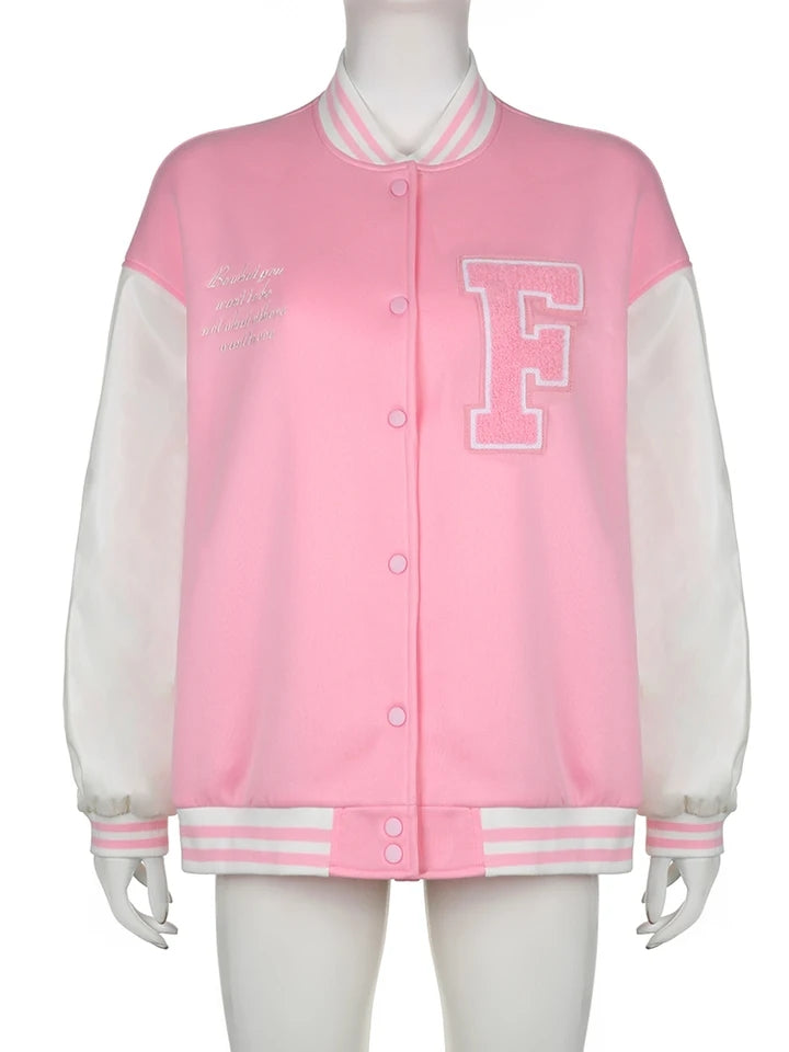 Pink Embroidery Patchwork Varsity Jacket