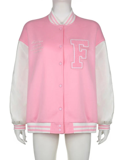 Pink Embroidery Patchwork Varsity Jacket