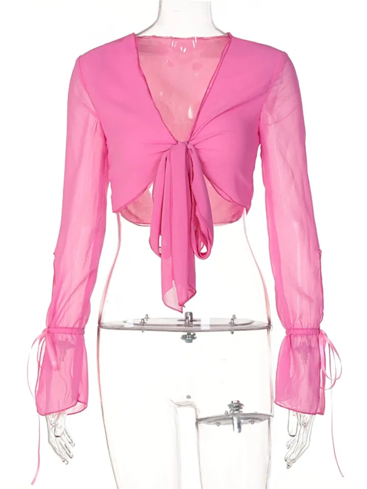 Pink Chiffon Bow Tie Flare Long Sleeve Blouse