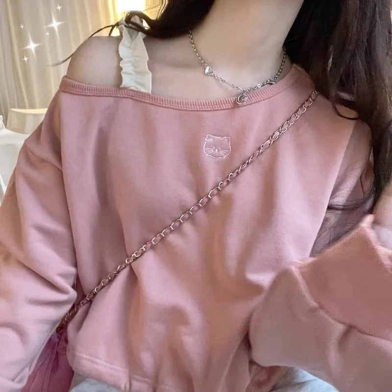 Pink Cat Embroidery Crop Sweater