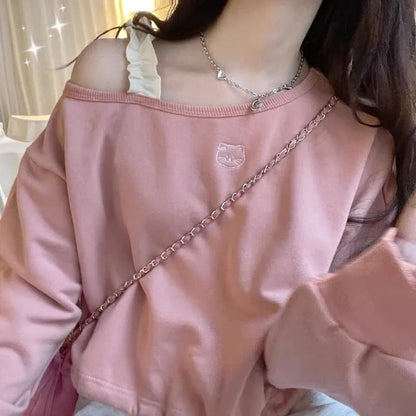 Pink Cat Embroidery Crop Sweater