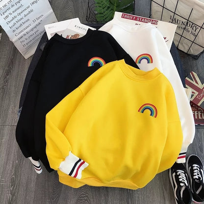 Cute Rainbow Embroidery Fleece Hoodie Sweater Sweatshirt Pullover 90s Oversized Long Sleeve E-Girl Kawaii Korean Japanese Harajuku Retro Streetwear