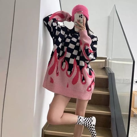 Cute Hot Pink Flames Fire Checkerboard Plaid Oversized Knit Sweater Pullover Aesthetic Casual E-Girl Kawaii Korean Japanese Harajuku