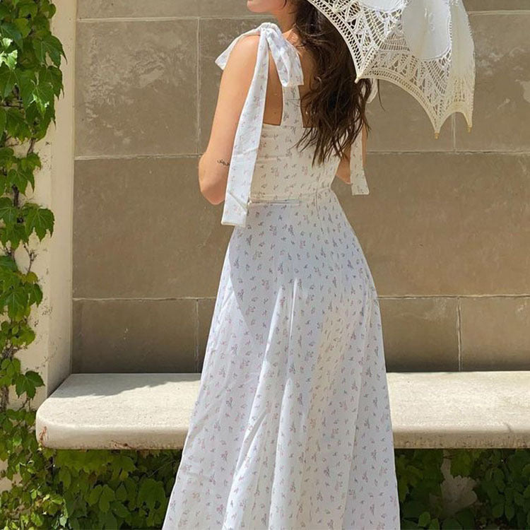 Floral V Neck Backless Split Dress