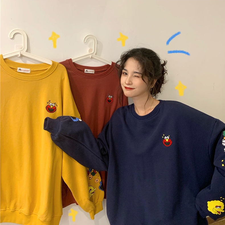 Funny Elmo Cartoon Print Loose Oversized Long Sleeve Sweatshirt Sweater Pullover Jumper Causal E-Girl Kawaii Korean Japanese Harajuku Streetwear
