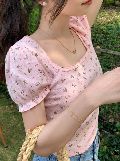 Pink Floral Puff Sleeve Square Collar Top