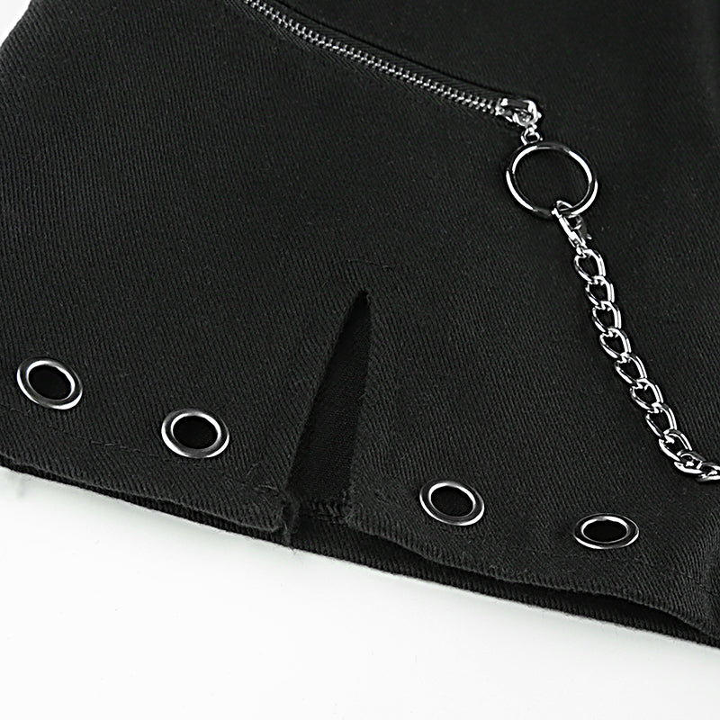 Sexy Black Goth Punk Demin Metal Chain Patchwork High Waisted Mini Skirt Zipper Split A-line E-Girl Kawaii Korean Japanese Harajuku Retro Streetwear