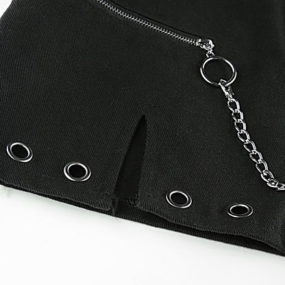 Sexy Black Goth Punk Demin Metal Chain Patchwork High Waisted Mini Skirt Zipper Split A-line E-Girl Kawaii Korean Japanese Harajuku Retro Streetwear