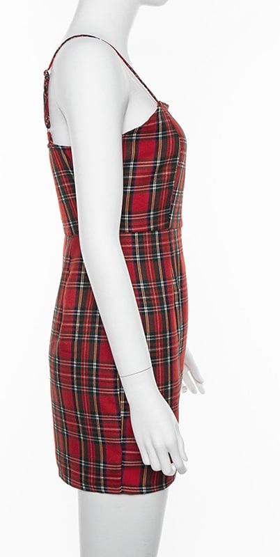 Cute Sexy Red Plaid Checkered Mini Dress Party Bodycon E-Girl Kawaii Korean Japanese Harajuku Chinese Retro Streetwear Aesthetic
