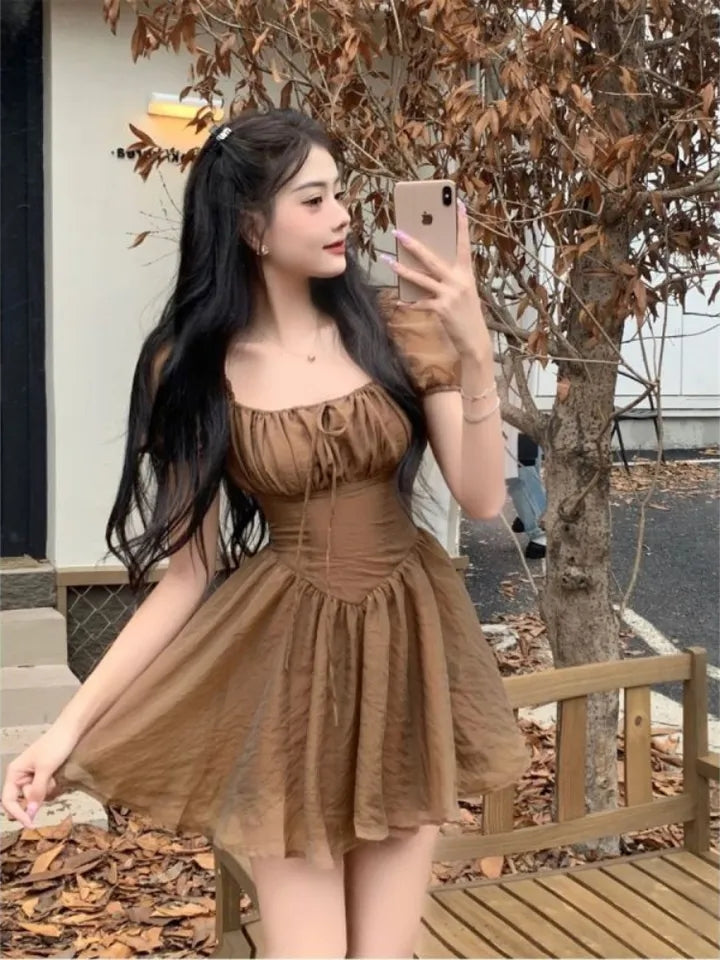 Brown Squares Neck Puff Sleeve Dress