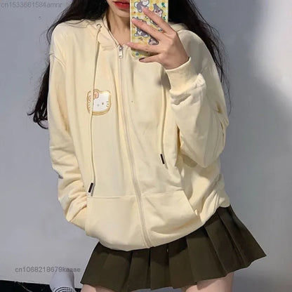 Yellow Cat Cartoon Print Zip Up Hoodie