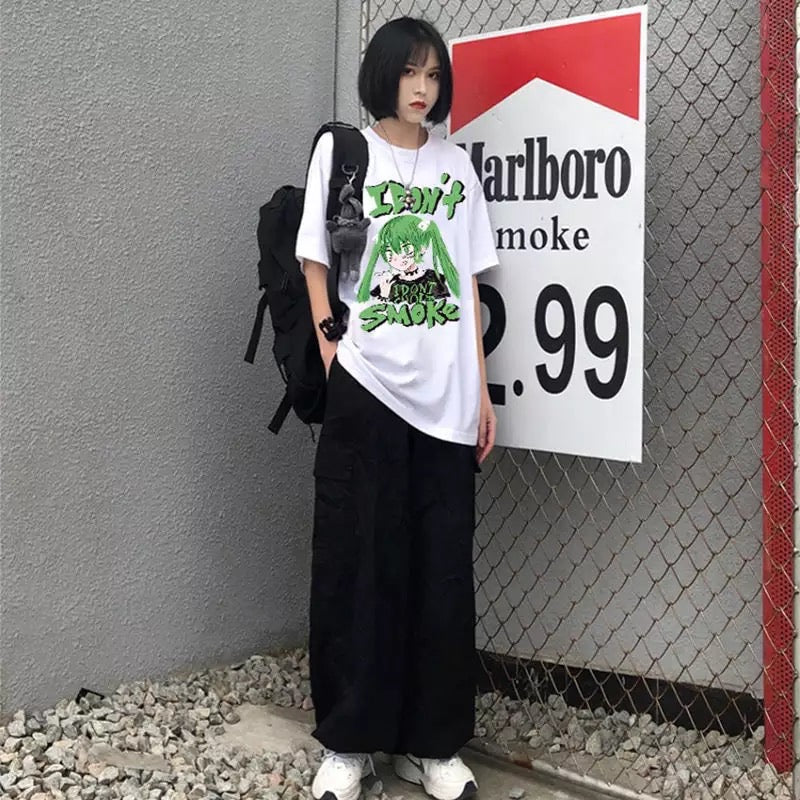 Anime Girl Smoke Cartoon Print Loose Oversized Short Sleeve T-shirt Top Summer Causal Goth Punk E-Girl Kawaii Korean Japanese Harajuku Streetwear