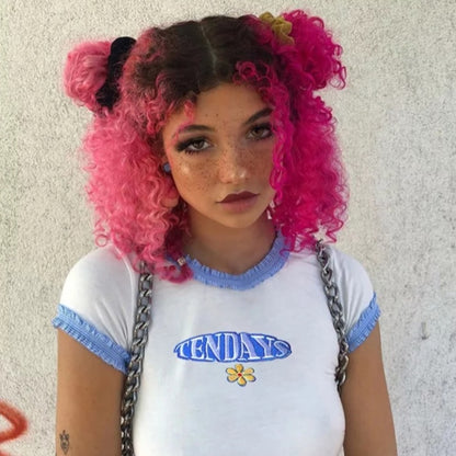Cute Blue Lace Letter Embroidery Floral Print Short Sleeve Shirt Crop Top Aesthetic Casual Summer E-Girl Kawaii Korean Japanese Harajuku Streetwear
