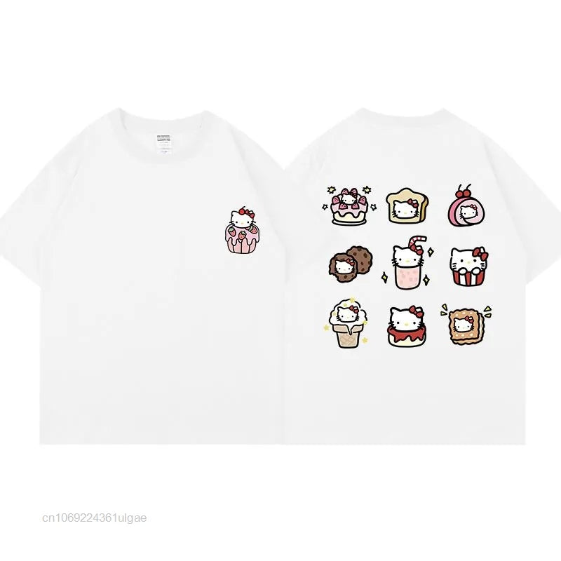 Cat Anime Dessert Print Short Sleeve T-shirt