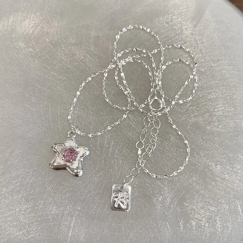 Pink Rhinestone Crystal Star Pendant Necklace