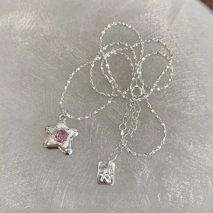 Pink Rhinestone Crystal Star Pendant Necklace