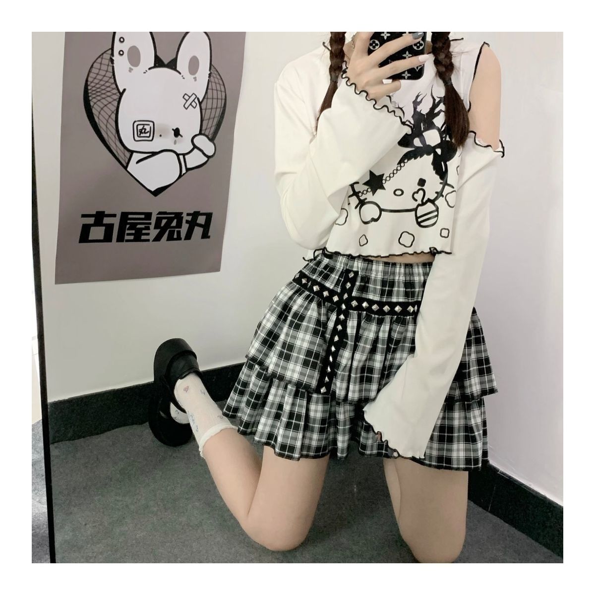Cat Off Shoulder Frill Long Sleeve Shirt