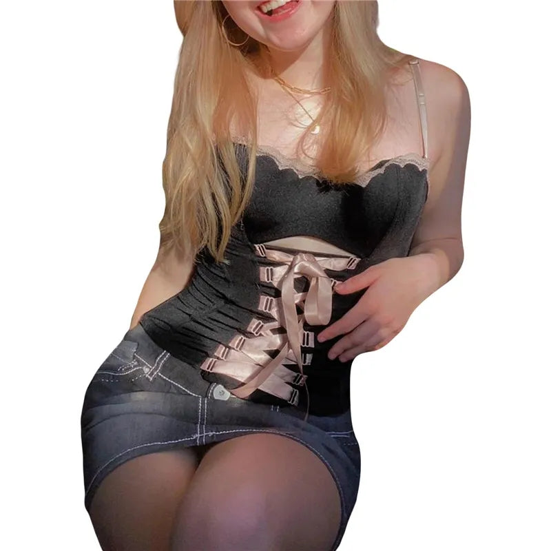 Black with Pink Ribbon Lace Up Bandage Corset Top