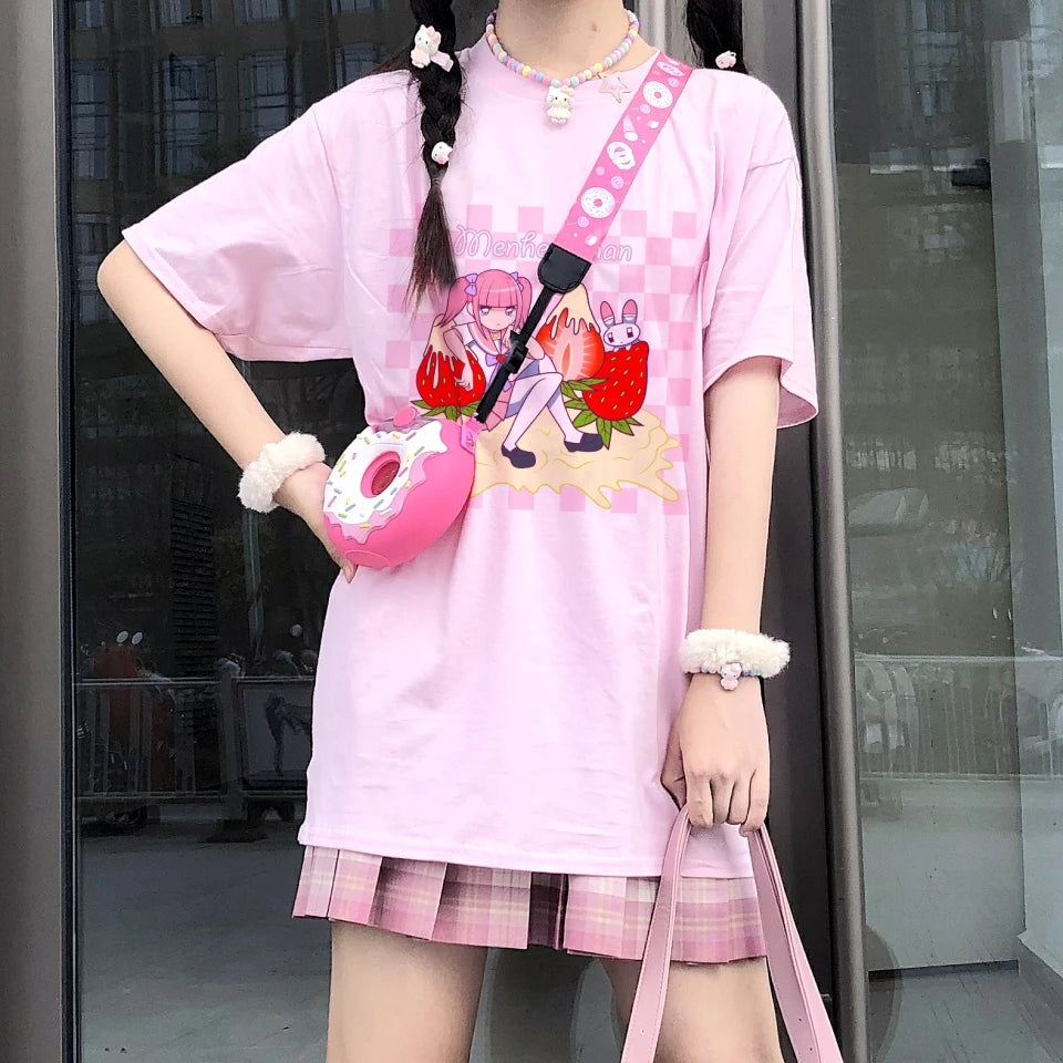 Cute Sweet Pastel Pink Anime Girl Strawberry Print Loose Short Sleeve Shirt Aesthetic Casual E-Girl Kawaii Korean Japanese Harajuku
