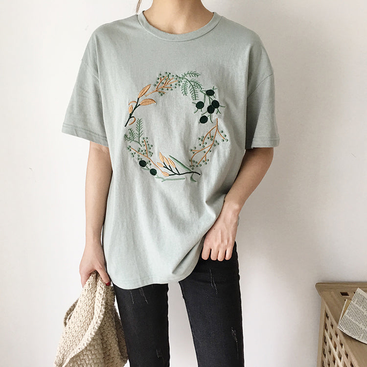 Cute Flower Plant Print Embroidery Shirt T-shirt Tee Top Kawaii Korean Japanese Harajuku Chinese Retro Streetwear Aesthetic Fashion