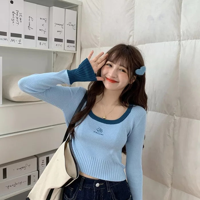 Cute Vintage Flower Embroidery Long Sleeve Shirt Sweater Jumper Aesthetic Casual Summer E-Girl Kawaii Korean Japanese Harajuku