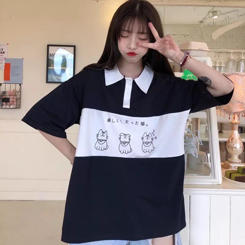 Cute Cat Dog Animal Print College Loose Baggy Short Sleeve Shirt T-shirt Top Summer Casual E-Girl Kawaii Korean Japanese Harajuku Streetwear