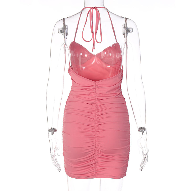 Pink Pleated Halter Bodycon Mini Dress