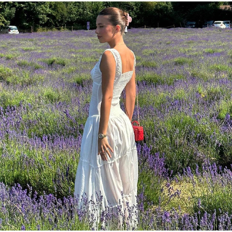 White Pleated Lace Up Square Collar Ruffle Maxi Dress