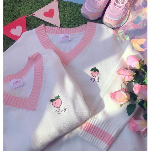 Cute Strawberry Peach Embroidery Knit Vest Sweater Sweatshirt Pullover Long Sleeve Shirt Casual E-Girl Kawaii Korean Japanese Harajuku Streetwear
