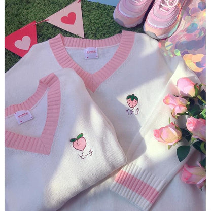 Cute Strawberry Peach Embroidery Knit Vest Sweater Sweatshirt Pullover Long Sleeve Shirt Casual E-Girl Kawaii Korean Japanese Harajuku Streetwear
