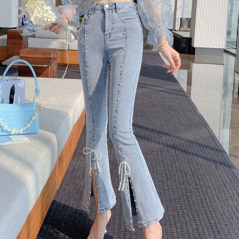 Chic Pearl Bowknot Bead High Waist Jeans