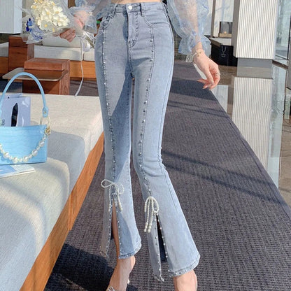 Chic Pearl Bowknot Bead High Waist Jeans