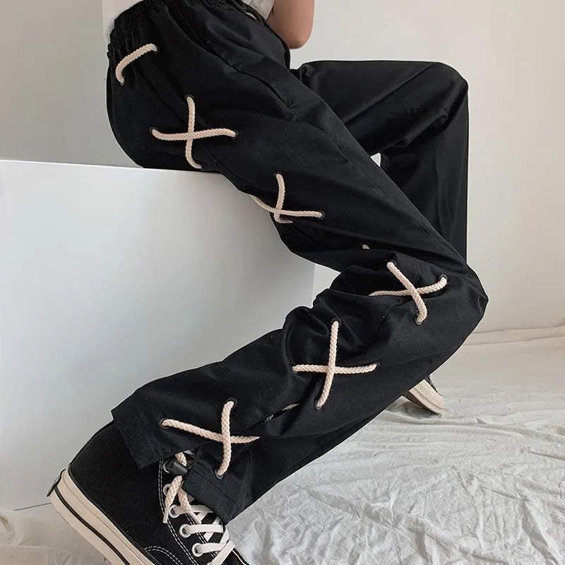 Black Lace Up Wide Leg Trousers