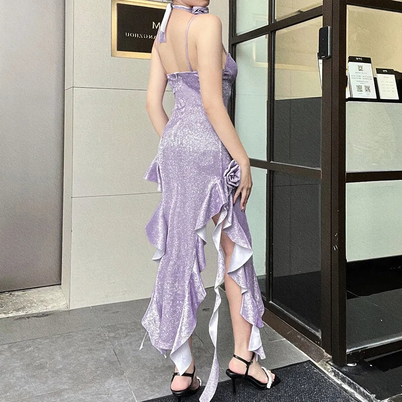 Purple Glitter Flower Frill Split Midi Dress