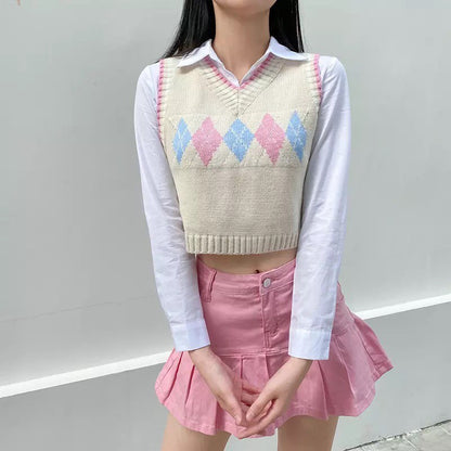 Cute Argyle Plaid Sleeveless V Neck Knit Sweater Sweatshirt Preppy Crop Top Pullover Aesthetic E-Girl Kawaii Korean Japanese Harajuku Streetwear