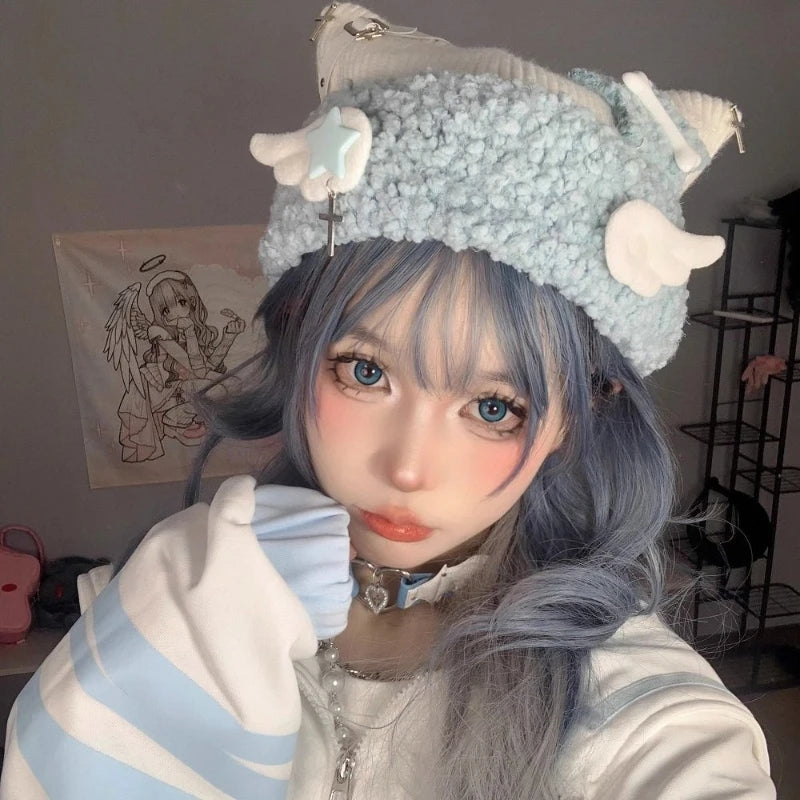 Blue Knit Star Cat Ears Hat