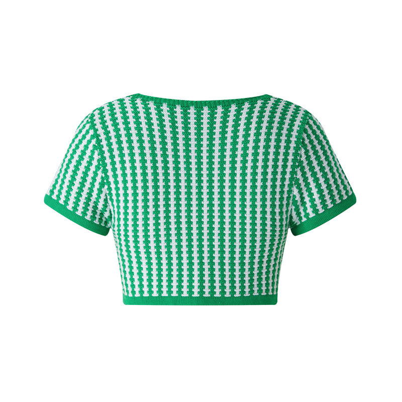 Green Plaid Square Collar Bandage Knit Short Sleeve T-shirt