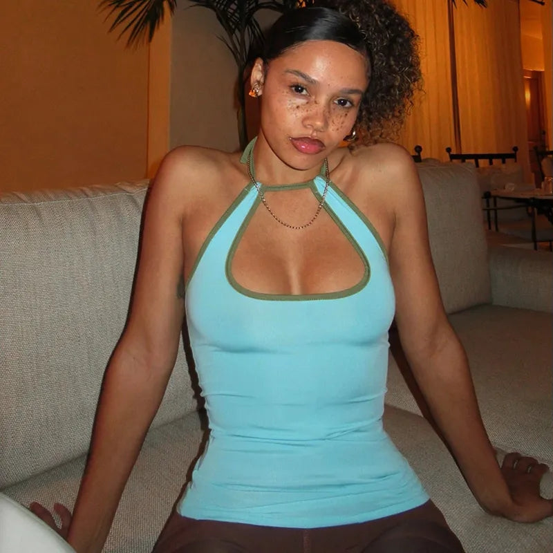 Blue Patchwork Halter Top