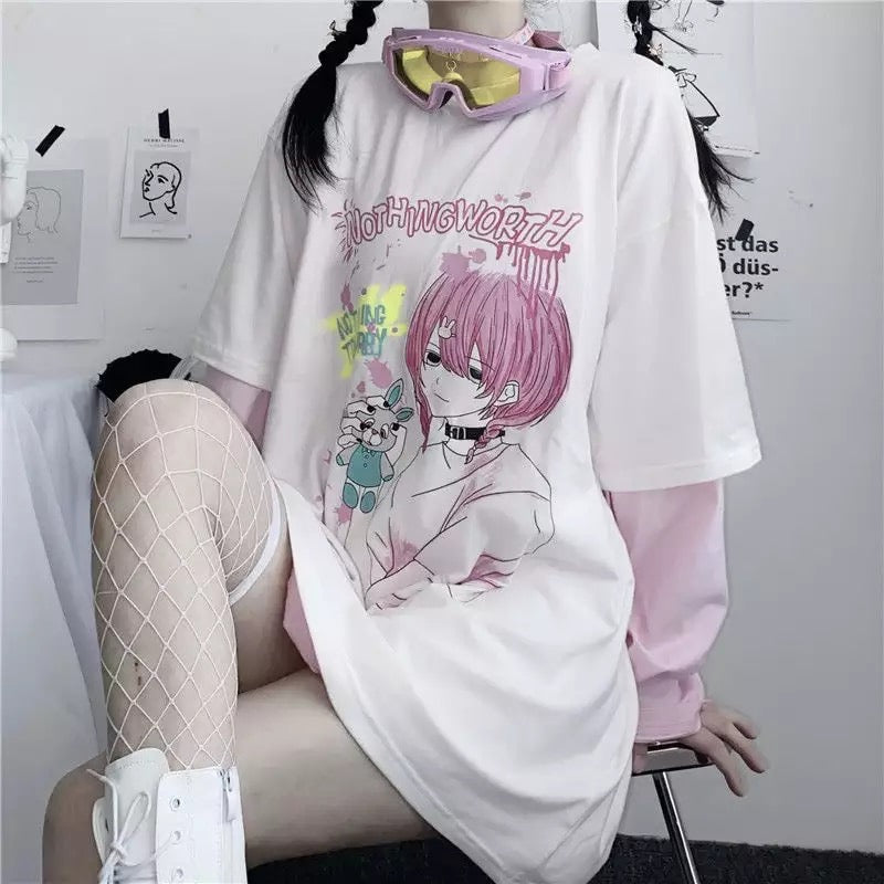 Goth Anime Girl Cartoon Print Loose Casual Sweatshirt Sweater Long Sleeve Shirt Pullover Jumper E-Girl Kawaii Korean Japanese Harajuku Streetwear