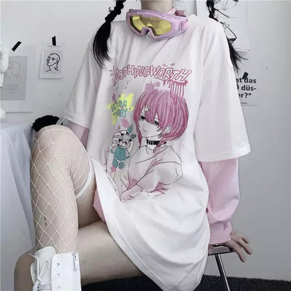 Goth Anime Girl Cartoon Print Loose Casual Sweatshirt Sweater Long Sleeve Shirt Pullover Jumper E-Girl Kawaii Korean Japanese Harajuku Streetwear