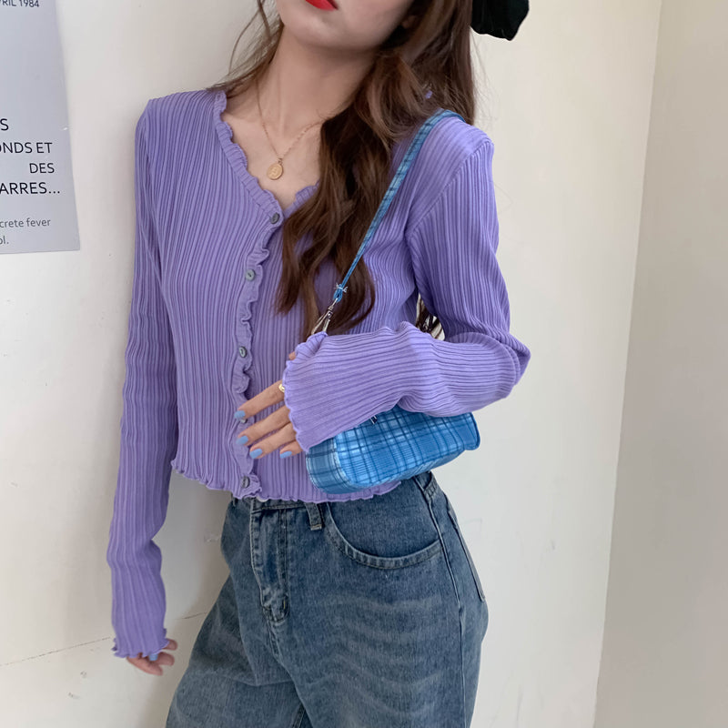 Cute V Neck Knit Casual Thin Sweater Cardigan Shirt Tee T-shirt E-Girl Kawaii Korean Japanese Harajuku Chinese Retro Streetwear