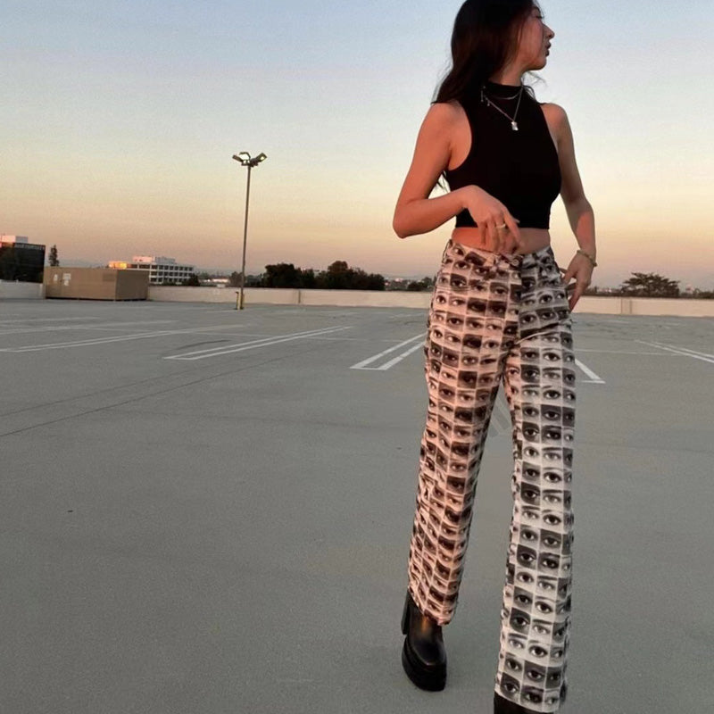 Graffiti Eye Print High Waist Pants