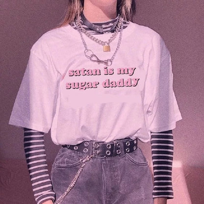 Cute Black Satan Sugar Daddy Print Short Sleeve T-shirt Goth Punk Aesthetic Casual Summer E-Girl Kawaii Korean Japanese Harajuku