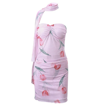 2PCS Pink Tulip Print Tube Top + Mini Skirt