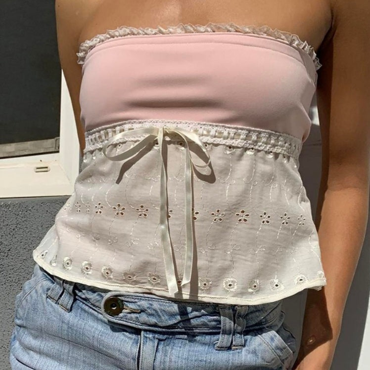 Off Shoulder Lace Trim Patchwork Top