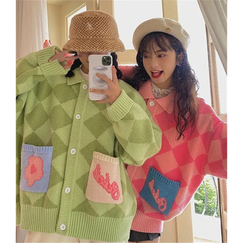 Colorful Checkered Oversized Cardigan Sweater