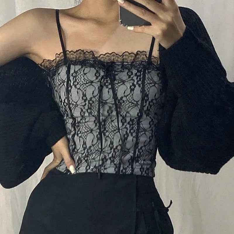 Black Lace Backless Patchwork Camisole