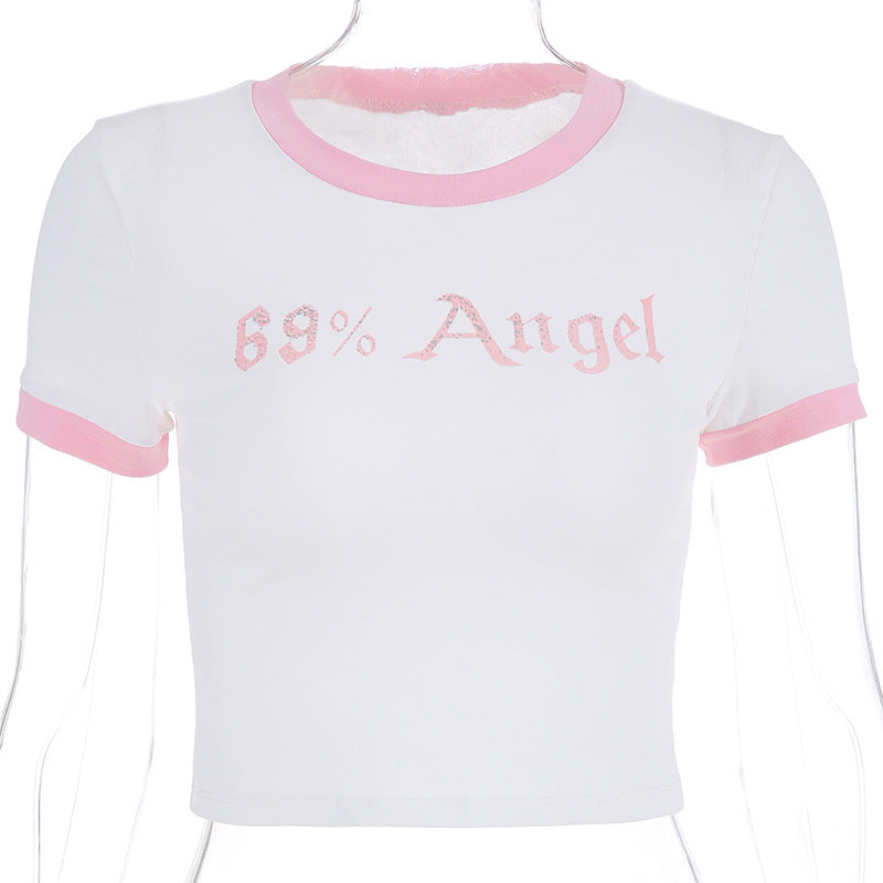 Cute Sexy Angel Pink Cartoon Crop Top Short Sleeve Shirt Tee T-shirt Kawaii Korean Japanese Harajuku Chinese Retro Streetwear Aesthetic Fashion