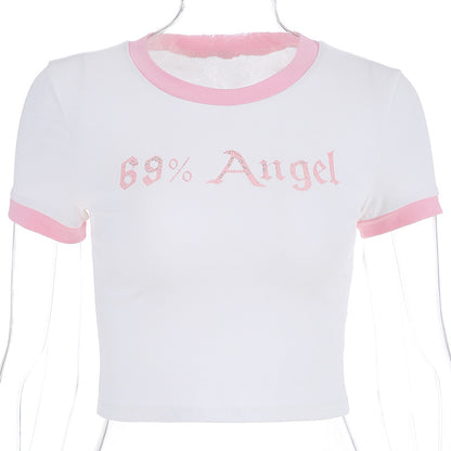 Cute Sexy Angel Pink Cartoon Crop Top Short Sleeve Shirt Tee T-shirt Kawaii Korean Japanese Harajuku Chinese Retro Streetwear Aesthetic Fashion