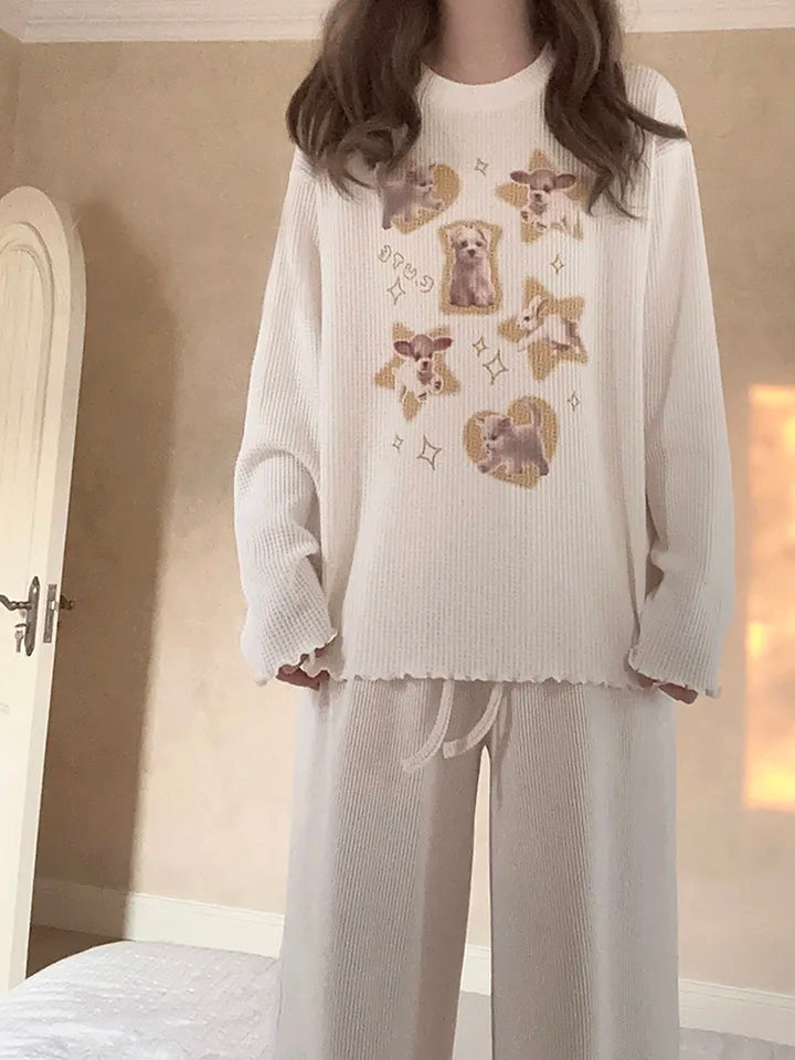 Cat Heart Print Ribbed Long Sleeve Shirt